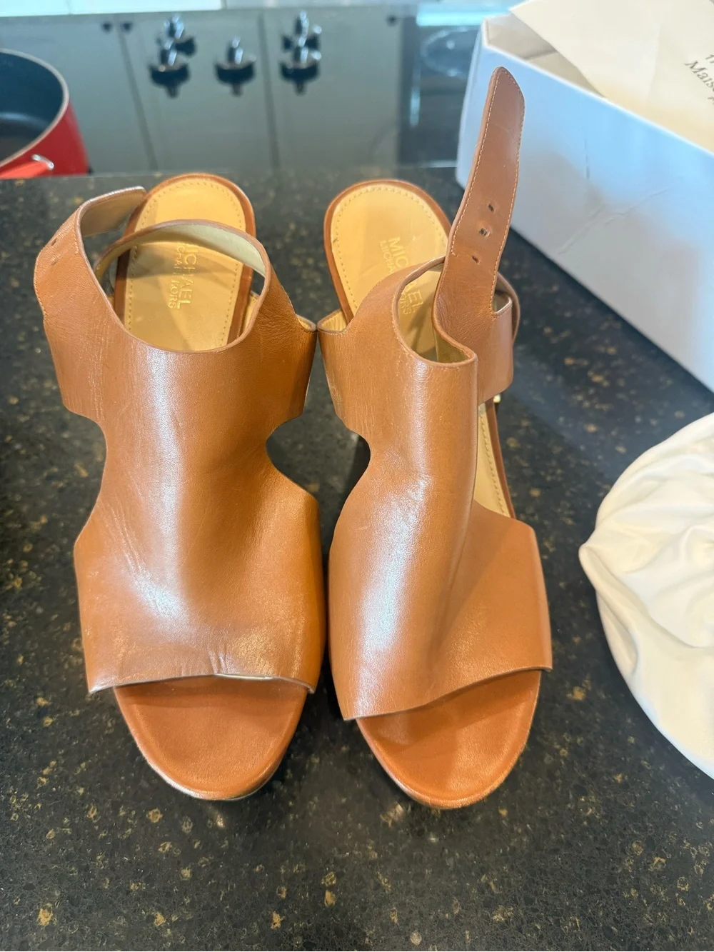 Michael Kors Tan Leather Cutout Wedge Sandals with Buckle
